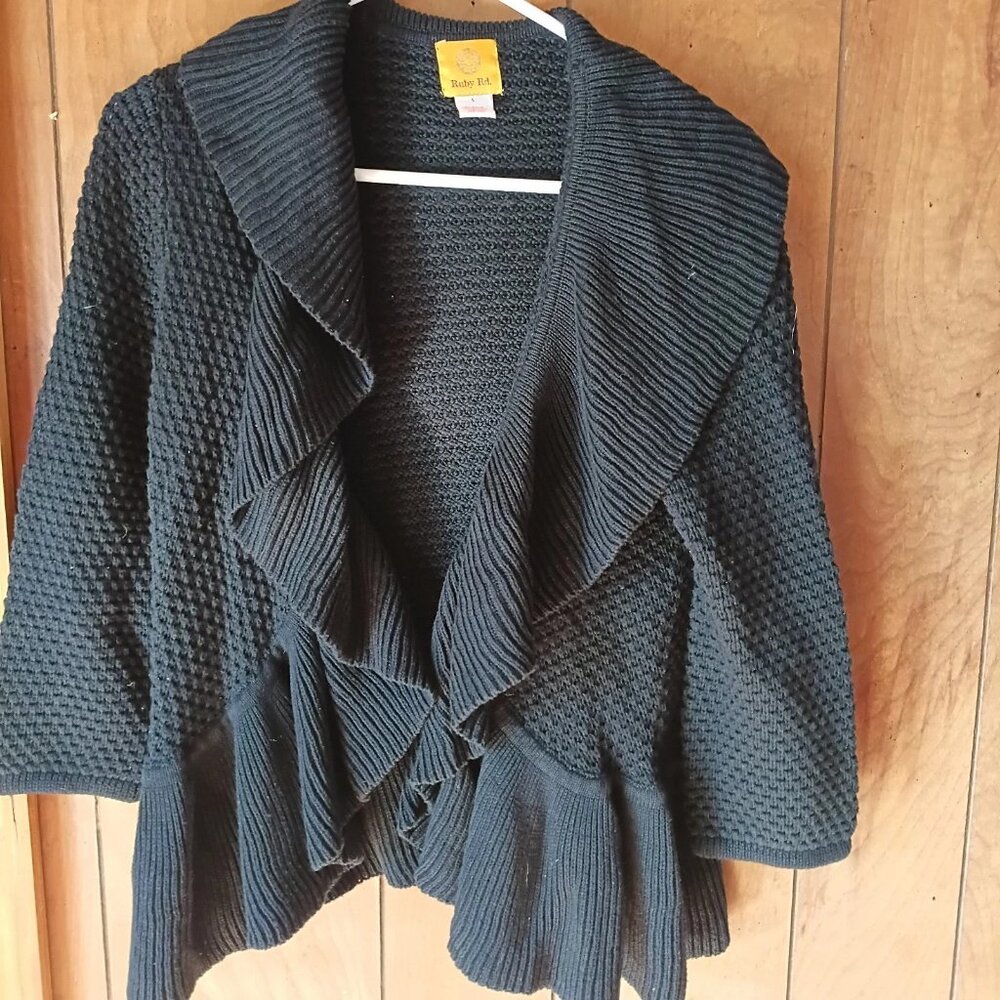 Ruby Rd Black Textured Knit Open Front Cardigan Ruffle Collar Peplum Sweater S - Picture 2 of 4